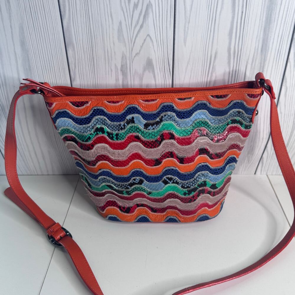 Vintage SHARIF Multicolor Zigzag Leather Crossbody Bag Leather Orange